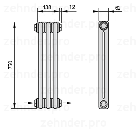 Схема (чертеж) Радиатор Zehnder Charleston 2075/3 №2670 Белый глянцевый RAL 9016